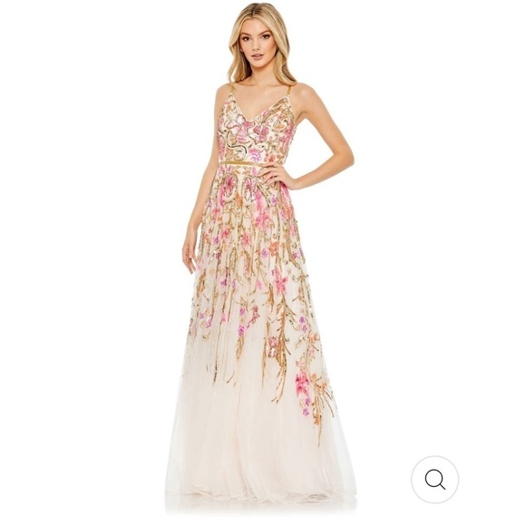 Mac Duggal V NECK FLORAL EMBELLISHED SPAGHETTI STRAP GOWN size 4 NEW $698